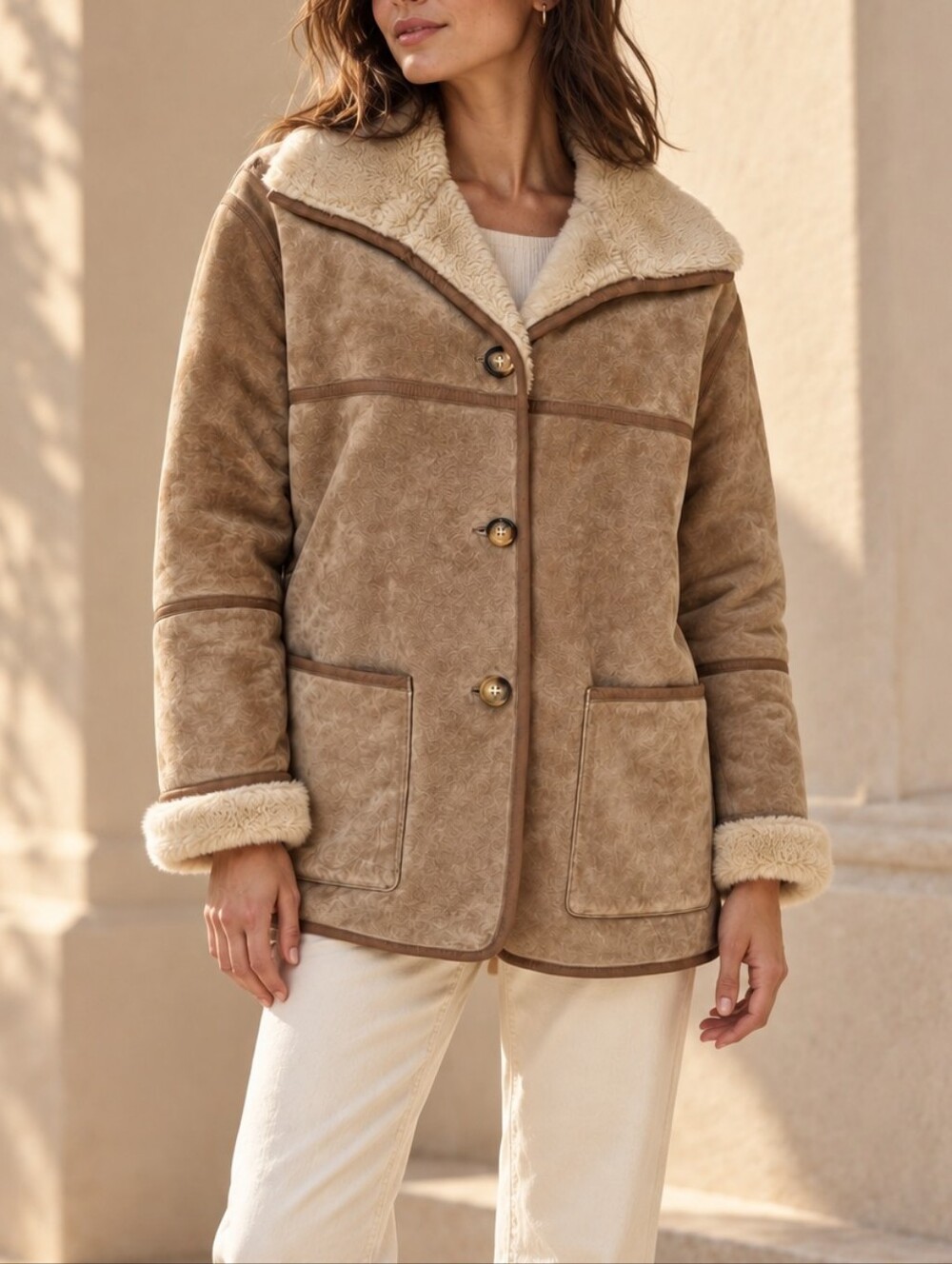 Avanti New York Suede Leather Shearling Jacket M Tan Boho Western Coat